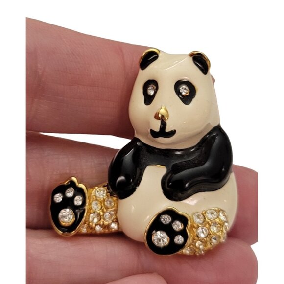 PEP Erwin Pearl Black White Enamel Clear Rhinestone Panda Bear Brooch Pin, E778 - Picture 3 of 8